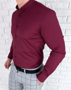 Bordowa koszula męska ze stójką slim fit Rs-1120