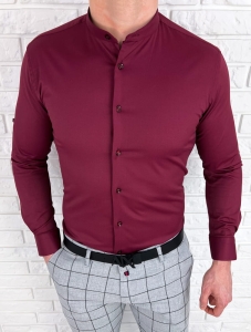 Bordowa koszula męska ze stójką slim fit Rs-1120