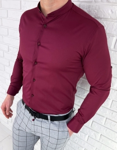 Bordowa koszula męska ze stójką slim fit Rs-1120