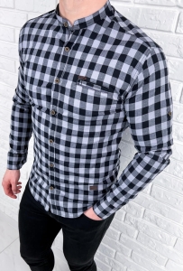 Szara koszula męska w czarną kratę slim fit 0431/178