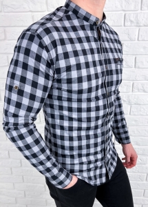 Szara koszula męska w czarną kratę slim fit 0431/178