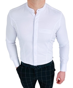 Koszula męska biała zakryte guziki ze stójką długi rękaw slim fit vp3