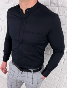 Koszula męska czarna zakryte guziki ze stójką długi rękaw slim fit vp3