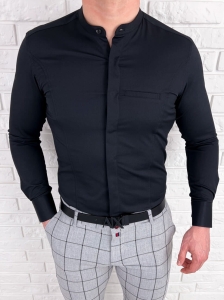 Koszula męska czarna zakryte guziki ze stójką długi rękaw slim fit vp3