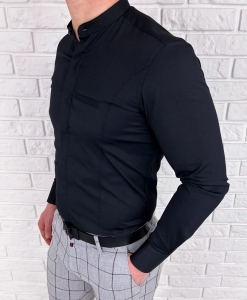 Koszula męska czarna zakryte guziki ze stójką długi rękaw slim fit vp3