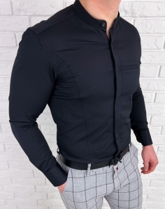 Koszula męska czarna zakryte guziki ze stójką długi rękaw slim fit vp3