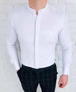Koszula męska biała zakryte guziki ze stójką długi rękaw slim fit vp3