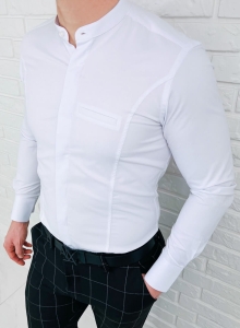 Koszula męska biała zakryte guziki ze stójką długi rękaw slim fit vp3