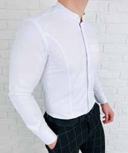 Koszula męska biała zakryte guziki ze stójką długi rękaw slim fit vp3