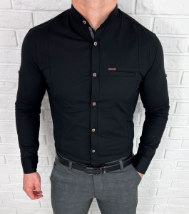 Czarna koszula ze stójką męska slim fit kwadratowe guziki 0185/2