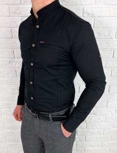 Czarna koszula ze stójką męska slim fit kwadratowe guziki 0185/2