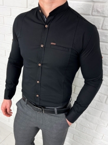 Czarna koszula ze stójką męska slim fit kwadratowe guziki 0185/2
