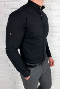 Czarna koszula ze stójką męska slim fit kwadratowe guziki 0185/2