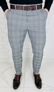 Spodnie męskie chino materiałowe szare w kratę slim fit 1895