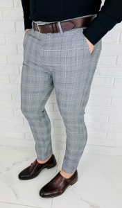 Spodnie męskie chino materiałowe szare w kratę slim fit 1895