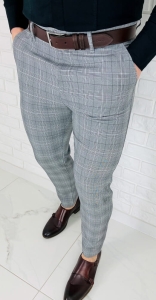 Spodnie męskie chino materiałowe szare w kratę slim fit 1895