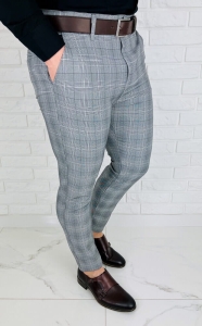 Spodnie męskie chino materiałowe szare w kratę slim fit 1895