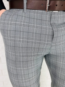 Spodnie męskie chino materiałowe szare w kratę slim fit 1895