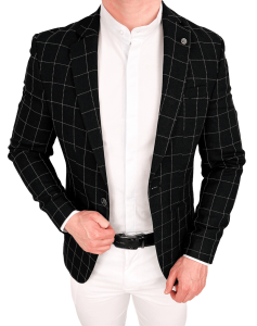 Czarna elegancka w białą kratę marynarka męska slim 3880