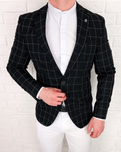 Czarna elegancka w białą kratę marynarka męska slim 3880