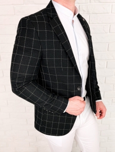 Czarna elegancka w białą kratę marynarka męska slim 3880