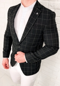 Czarna elegancka w białą kratę marynarka męska slim 3880