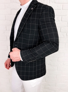 Czarna elegancka w białą kratę marynarka męska slim 3880