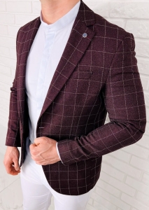 Bordowa w białą kratę marynarka męska elegancka 3380
