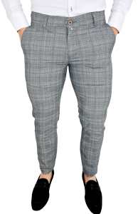 Szare eleganckie spodnie w czarno- niebieską kratę slim fit YAKUT-1