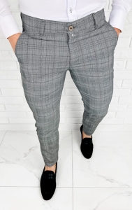 Szare eleganckie spodnie w czarno- niebieską kratę slim fit YAKUT-1