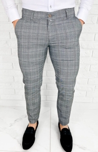 Szare eleganckie spodnie w czarno- niebieską kratę slim fit YAKUT-1