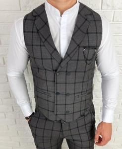 Ciemnoszara kamizelka męska w kratę elegancka slim fit Monaco-3