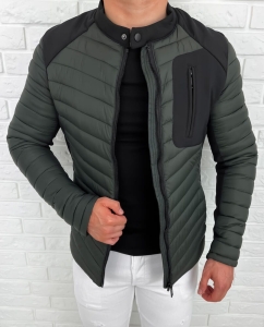 Khaki pikowana kurtka przejściowa męska slim fit 207-29