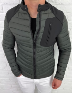 Khaki pikowana kurtka przejściowa męska slim fit 207-29