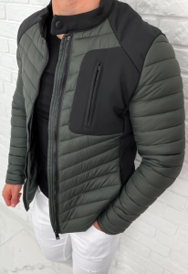Khaki pikowana kurtka przejściowa męska slim fit 207-29
