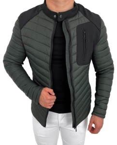 Khaki pikowana kurtka przejściowa męska slim fit 207-29