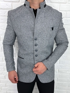 Marynarka męska ze stójką casual slim fit szara 846