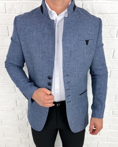 Marynarka męska ze stójką casual slim fit niebieska 846