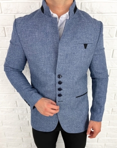 Marynarka męska ze stójką casual slim fit niebieska 846