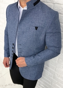 Marynarka męska ze stójką casual slim fit niebieska 846