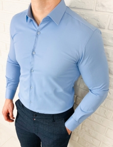 Niebieska koszula męska slim fit z kołnierzem RS-1100