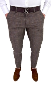 Brązowe bawełniane spodnie męskie w kratę slim fit 4355/13