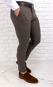Brązowe bawełniane spodnie męskie w kratę slim fit 4355/13