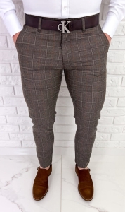 Brązowe bawełniane spodnie męskie w kratę slim fit 4355/13