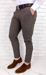 Brązowe bawełniane spodnie męskie w kratę slim fit 4355/13