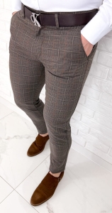 Brązowe bawełniane spodnie męskie w kratę slim fit 4355/13