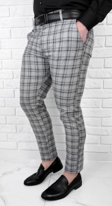 Szare eleganckie spodnie slim fit w czarna krate vp6545