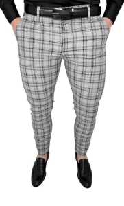 Szare eleganckie spodnie slim fit w czarna krate vp6545