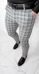 Szare eleganckie spodnie slim fit w czarna krate vp6545
