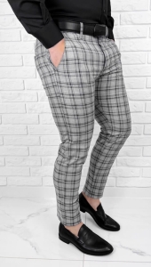 Szare eleganckie spodnie slim fit w czarna krate vp6545